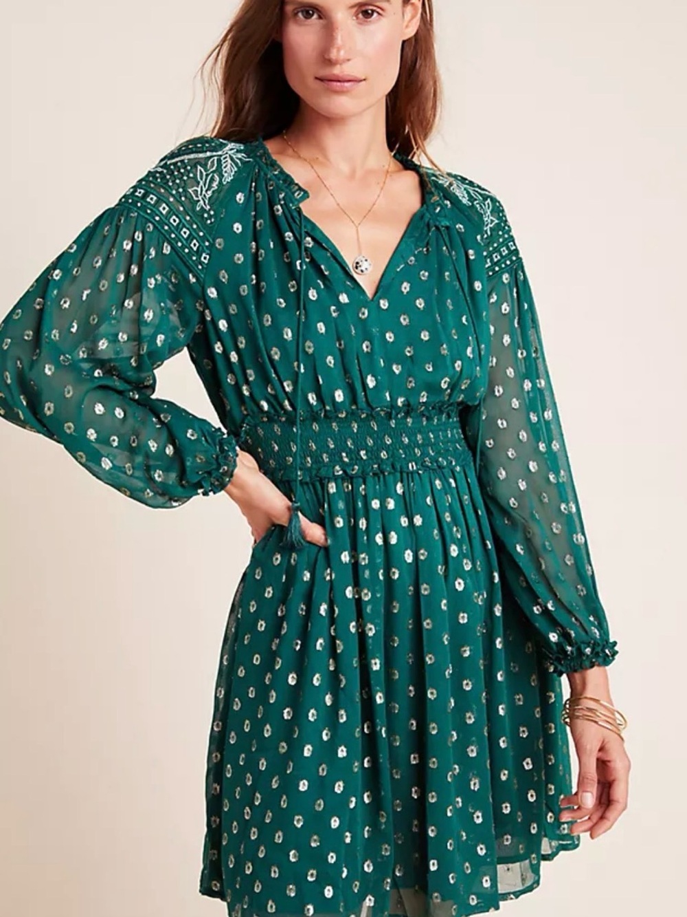Anthropologie Hazel Teal Green Printed Long-Sleeve Smocked-Waist Dress XL